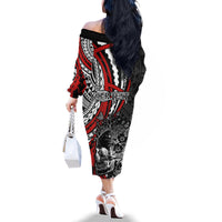 Personalised Polynesia Skull Family Matching Off Shoulder Long Sleeve Dress and Hawaiian Shirt Tattoo In The Style Of Maori With Marine Life Red LT9 - Polynesian Pride