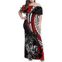 Personalised Polynesia Skull Family Matching Off Shoulder Maxi Dress and Hawaiian Shirt Tattoo In The Style Of Maori With Marine Life Red LT9 Mom's Dress Red - Polynesian Pride