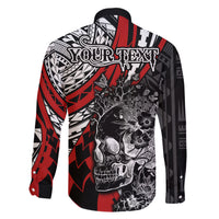 Personalised Polynesia Skull Family Matching Short Sleeve Bodycon Dress and Hawaiian Shirt Tattoo In The Style Of Maori With Marine Life Red LT9 - Polynesian Pride