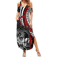 Personalised Polynesia Skull Family Matching Summer Maxi Dress and Hawaiian Shirt Tattoo In The Style Of Maori With Marine Life Red LT9 Mom's Dress Red - Polynesian Pride