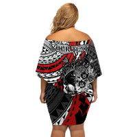 Personalised Polynesia Skull Off Shoulder Short Dress Tattoo In The Style Of Maori With Marine Life Red LT9 - Polynesian Pride