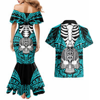 Personalised Polynesia Skull Couples Matching Mermaid Dress and Hawaiian Shirt With Boars Tusk Aqua Arty Vibe LT9 - Polynesian Pride