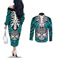 Personalised Polynesia Skull Couples Matching Off The Shoulder Long Sleeve Dress and Long Sleeve Button Shirts With Boars Tusk Aqua Arty Vibe LT9 - Polynesian Pride