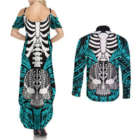personalised-polynesia-skull-couples-matching-summer-maxi-dress-and-long-sleeve-button-shirts-with-boars-tusk-aqua-arty-vibe