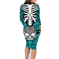 Personalised Polynesia Skull Family Matching Long Sleeve Bodycon Dress and Hawaiian Shirt With Boars Tusk Aqua Arty Vibe LT9 - Polynesian Pride