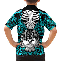Personalised Polynesia Skull Family Matching Short Sleeve Bodycon Dress and Hawaiian Shirt With Boars Tusk Aqua Arty Vibe LT9 - Polynesian Pride