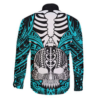 Personalised Polynesia Skull Family Matching Short Sleeve Bodycon Dress and Hawaiian Shirt With Boars Tusk Aqua Arty Vibe LT9 - Polynesian Pride