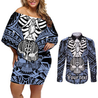 Personalised Polynesia Skull Couples Matching Off Shoulder Short Dress and Long Sleeve Button Shirts With Boars Tusk Blue Arty Vibe LT9 Blue - Polynesian Pride