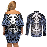 Personalised Polynesia Skull Couples Matching Off Shoulder Short Dress and Long Sleeve Button Shirts With Boars Tusk Blue Arty Vibe LT9 - Polynesian Pride