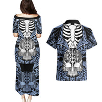 Personalised Polynesia Skull Couples Matching Puletasi Dress and Hawaiian Shirt With Boars Tusk Blue Arty Vibe LT9 - Polynesian Pride