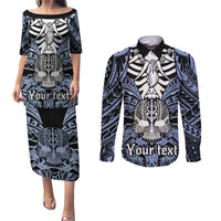 personalised-polynesia-skull-couples-matching-puletasi-dress-and-long-sleeve-button-shirts-with-boars-tusk-blue-arty-vibe