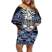 Personalised Polynesia Skull Off Shoulder Short Dress With Boars Tusk Blue Arty Vibe LT9 Women Blue - Polynesian Pride