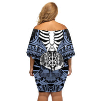 Personalised Polynesia Skull Off Shoulder Short Dress With Boars Tusk Blue Arty Vibe LT9 - Polynesian Pride