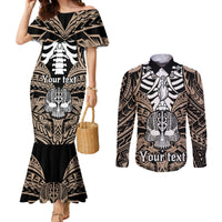 Personalised Polynesia Skull Couples Matching Mermaid Dress and Long Sleeve Button Shirts With Boars Tusk Gold Arty Vibe LT9 Gold - Polynesian Pride