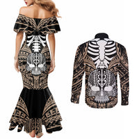Personalised Polynesia Skull Couples Matching Mermaid Dress and Long Sleeve Button Shirts With Boars Tusk Gold Arty Vibe LT9 - Polynesian Pride