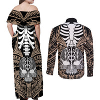 personalised-polynesia-skull-couples-matching-off-shoulder-maxi-dress-and-long-sleeve-button-shirts-with-boars-tusk-gold-arty-vibe