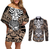 Personalised Polynesia Skull Couples Matching Off Shoulder Short Dress and Long Sleeve Button Shirts With Boars Tusk Gold Arty Vibe LT9 Gold - Polynesian Pride