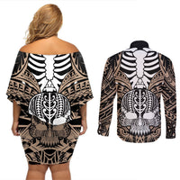 Personalised Polynesia Skull Couples Matching Off Shoulder Short Dress and Long Sleeve Button Shirts With Boars Tusk Gold Arty Vibe LT9 - Polynesian Pride