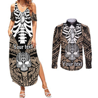 Personalised Polynesia Skull Couples Matching Summer Maxi Dress and Long Sleeve Button Shirts With Boars Tusk Gold Arty Vibe LT9 Gold - Polynesian Pride