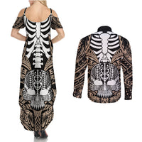 Personalised Polynesia Skull Couples Matching Summer Maxi Dress and Long Sleeve Button Shirts With Boars Tusk Gold Arty Vibe LT9 - Polynesian Pride