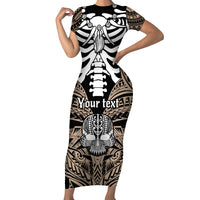 Personalised Polynesia Skull Family Matching Short Sleeve Bodycon Dress and Hawaiian Shirt With Boars Tusk Gold Arty Vibe LT9 Mom's Dress Gold - Polynesian Pride