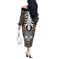 Personalised Polynesia Skull Off The Shoulder Long Sleeve Dress With Boars Tusk Gold Arty Vibe LT9 - Polynesian Pride