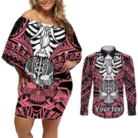 Personalised Polynesia Skull Couples Matching Off Shoulder Short Dress and Long Sleeve Button Shirts With Boars Tusk Pink Arty Vibe LT9 Pink - Polynesian Pride