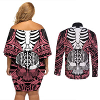 Personalised Polynesia Skull Couples Matching Off Shoulder Short Dress and Long Sleeve Button Shirts With Boars Tusk Pink Arty Vibe LT9 - Polynesian Pride