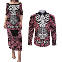 Personalised Polynesia Skull Couples Matching Puletasi Dress and Long Sleeve Button Shirts With Boars Tusk Pink Arty Vibe LT9 Pink - Polynesian Pride