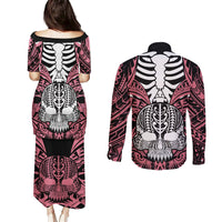Personalised Polynesia Skull Couples Matching Puletasi Dress and Long Sleeve Button Shirts With Boars Tusk Pink Arty Vibe LT9 - Polynesian Pride