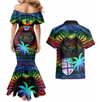 Fiji LGBT Couples Matching Mermaid Dress and Hawaiian Shirt Love Is Love Tapa Pattern Rainbow Water Color LT9 - Polynesian Pride