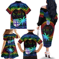 Fiji LGBT Family Matching Off Shoulder Long Sleeve Dress and Hawaiian Shirt Love Is Love Tapa Pattern Rainbow Water Color LT9 - Polynesian Pride