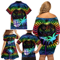 Fiji LGBT Family Matching Off Shoulder Short Dress and Hawaiian Shirt Love Is Love Tapa Pattern Rainbow Water Color LT9 - Polynesian Pride
