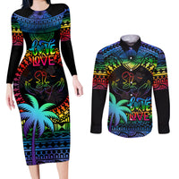 Personalised Fiji LGBT Couples Matching Long Sleeve Bodycon Dress and Long Sleeve Button Shirts Love Is Love Tapa Pattern Rainbow Water Color LT9 Black - Polynesian Pride