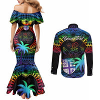 Personalised Fiji LGBT Couples Matching Mermaid Dress and Long Sleeve Button Shirts Love Is Love Tapa Pattern Rainbow Water Color LT9 - Polynesian Pride