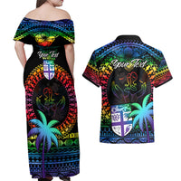 Personalised Fiji LGBT Couples Matching Off Shoulder Maxi Dress and Hawaiian Shirt Love Is Love Tapa Pattern Rainbow Water Color LT9 - Polynesian Pride