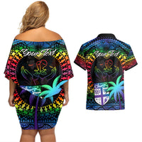 Personalised Fiji LGBT Couples Matching Off Shoulder Short Dress and Hawaiian Shirt Love Is Love Tapa Pattern Rainbow Water Color LT9 - Polynesian Pride