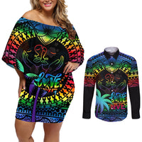 Personalised Fiji LGBT Couples Matching Off Shoulder Short Dress and Long Sleeve Button Shirts Love Is Love Tapa Pattern Rainbow Water Color LT9 Black - Polynesian Pride