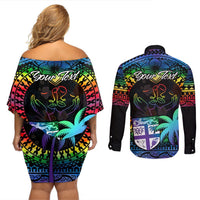 Personalised Fiji LGBT Couples Matching Off Shoulder Short Dress and Long Sleeve Button Shirts Love Is Love Tapa Pattern Rainbow Water Color LT9 - Polynesian Pride