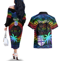Personalised Fiji LGBT Couples Matching Off The Shoulder Long Sleeve Dress and Hawaiian Shirt Love Is Love Tapa Pattern Rainbow Water Color LT9 - Polynesian Pride