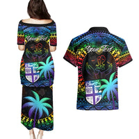Personalised Fiji LGBT Couples Matching Puletasi Dress and Hawaiian Shirt Love Is Love Tapa Pattern Rainbow Water Color LT9 - Polynesian Pride