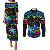 Personalised Fiji LGBT Couples Matching Puletasi Dress and Long Sleeve Button Shirts Love Is Love Tapa Pattern Rainbow Water Color LT9 Black - Polynesian Pride