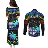 Personalised Fiji LGBT Couples Matching Puletasi Dress and Long Sleeve Button Shirts Love Is Love Tapa Pattern Rainbow Water Color LT9 - Polynesian Pride