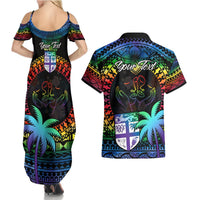Personalised Fiji LGBT Couples Matching Summer Maxi Dress and Hawaiian Shirt Love Is Love Tapa Pattern Rainbow Water Color LT9 - Polynesian Pride