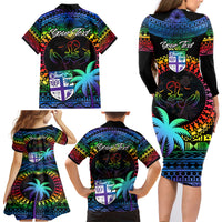 Personalised Fiji LGBT Family Matching Long Sleeve Bodycon Dress and Hawaiian Shirt Love Is Love Tapa Pattern Rainbow Water Color LT9 - Polynesian Pride