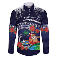 Felis Pusgua Guam Santa Family Matching Off The Shoulder Long Sleeve Dress and Hawaiian Shirt Merry Christmas with Polynesian Tribal LT9 Dad's Shirt - Long Sleeve Blue - Polynesian Pride