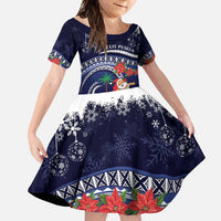 Felis Pusgua Guam Santa Family Matching Off Shoulder Maxi Dress and Hawaiian Shirt Merry Christmas with Polynesian Tribal LT9 Daughter's Dress Blue - Polynesian Pride