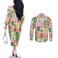 Mele Kalikimaka Hawaii Christmas Couples Matching Off The Shoulder Long Sleeve Dress and Long Sleeve Button Shirt Funny Santan Hippie Style LT9 - Polynesian Pride