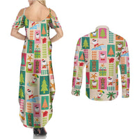 Mele Kalikimaka Hawaii Christmas Couples Matching Summer Maxi Dress and Long Sleeve Button Shirt Funny Santan Hippie Style
