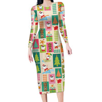 Mele Kalikimaka Hawaii Christmas Family Matching Long Sleeve Bodycon Dress and Hawaiian Shirt Funny Santan Hippie Style LT9 Mom's Dress Beige - Polynesian Pride